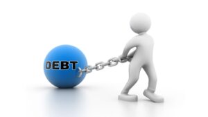 Stick figure dragging a chain with a debt ball